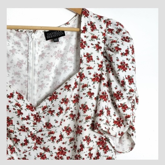 Danielle Bernstein Midi Length Dress Short Puff Sleeve Red White Flower Print - Picture 7 of 16